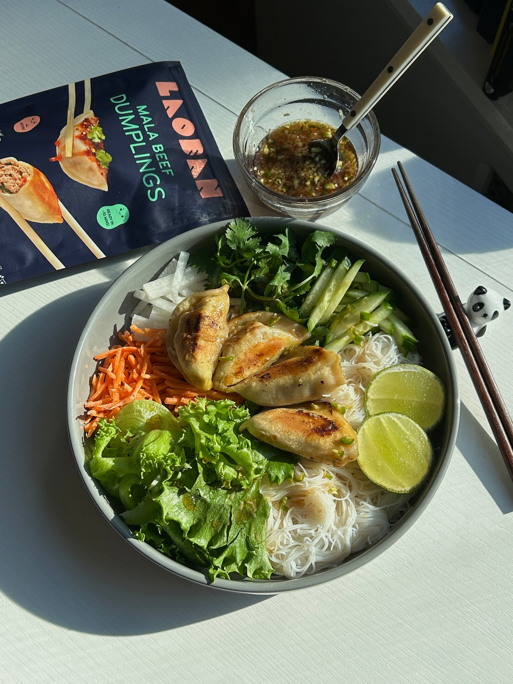 Vermicelli Bowl with Mala Beef Dumplings