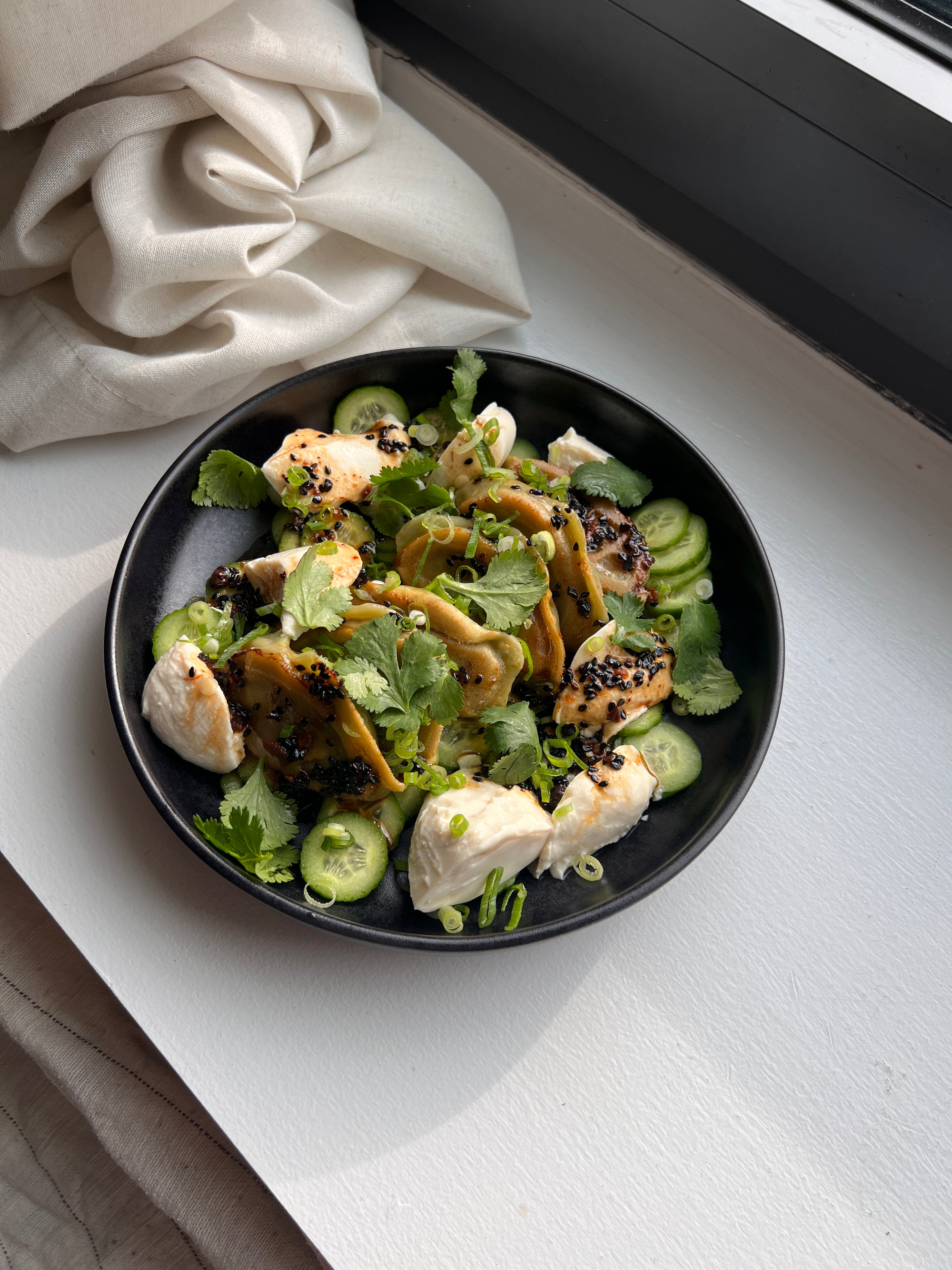 Cucumber and Livin' on the Vedge Dumpling Salad with Silken Tofu