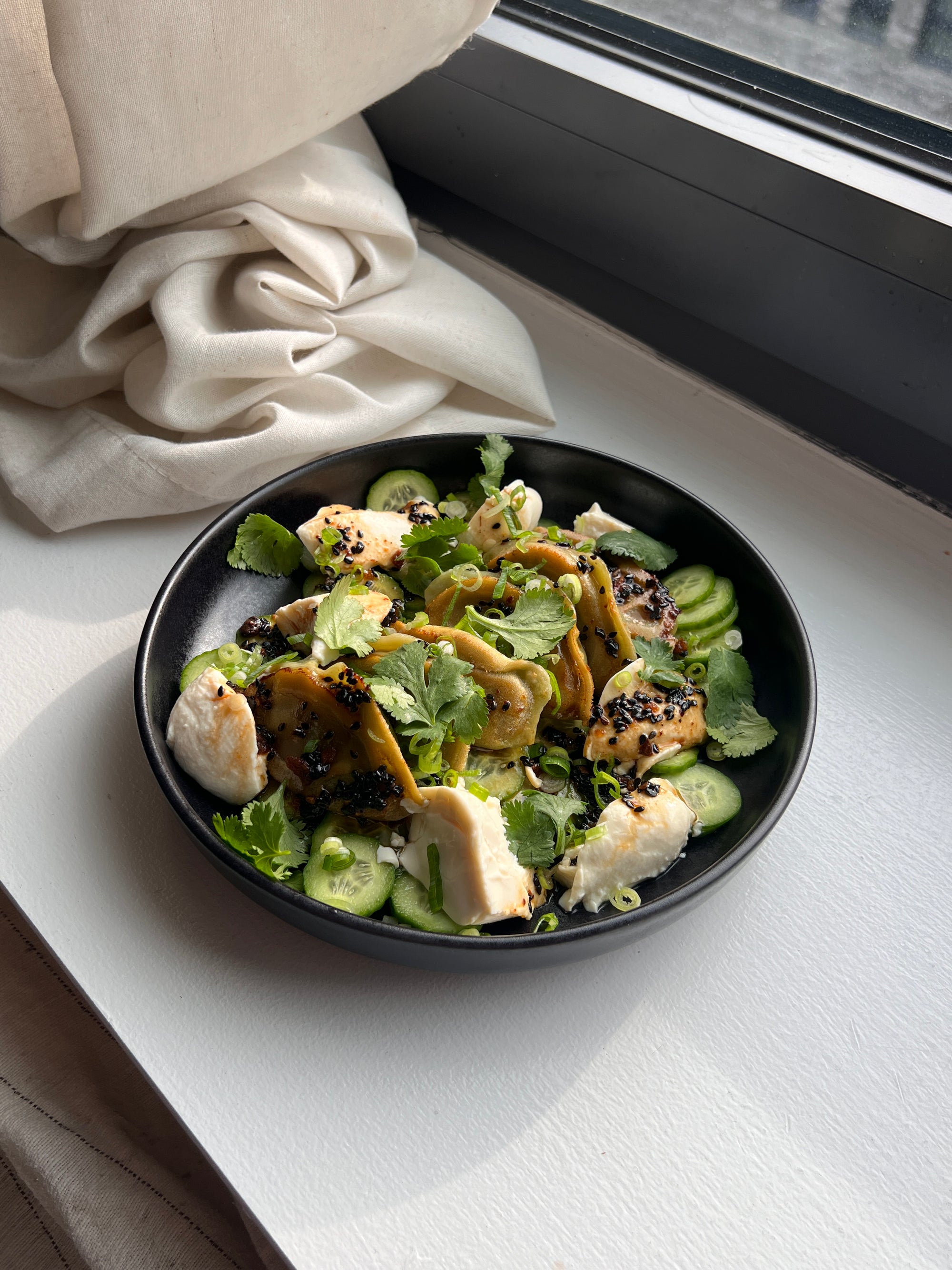 Cucumber and Livin' on the Vedge Dumpling Salad with Silken Tofu