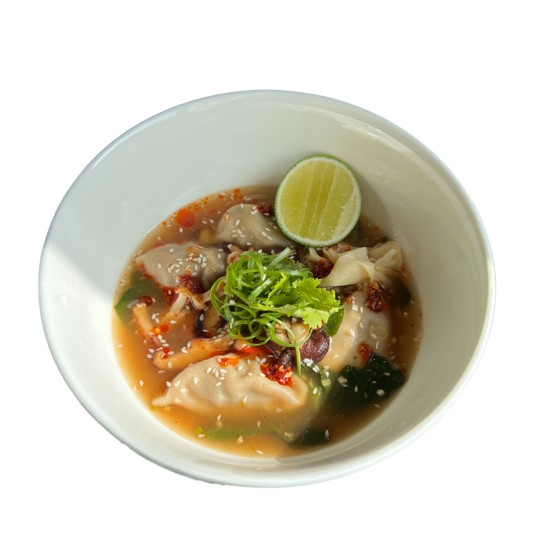 Dumpling Soup with Mushrooms and Chinese Broccoli